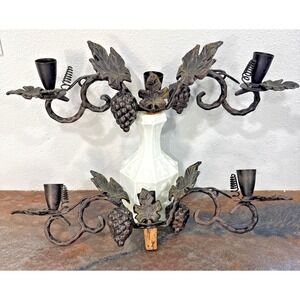 Vintage Pair 15" Wrought Iron Bottelabra Wine Bottle Candle Holders Grapevine